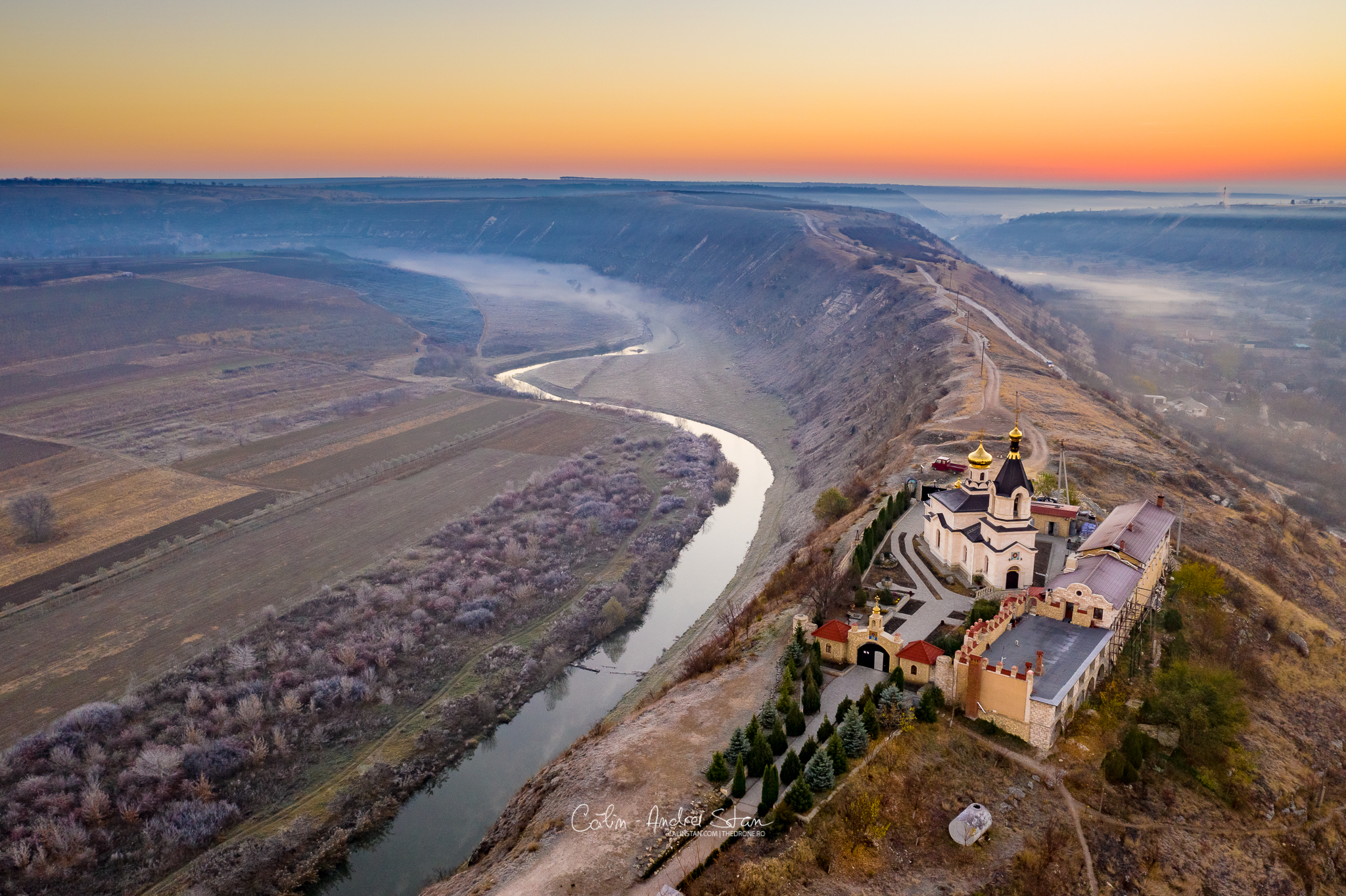 Old Orhei Raut River and Monastery before sunset aerial view